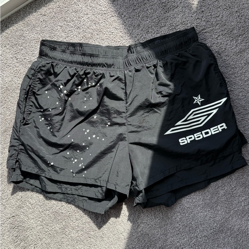 SP5DER Black Athletic Running Shorts with Star Print